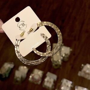 🆕🌿💛CR: GOLD Matte Metal Round Hoop Earrings w/Flat Rhinestone Center